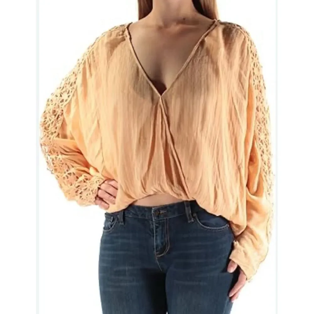 Free People Womens Runaway Lace Panel Top Size M Dolman Sleeve V Neck Boho Gypsy